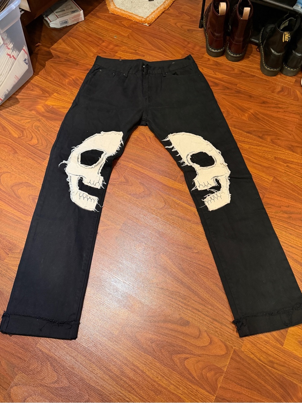 MNML Black Denim Jeans w/ Skull Knee Patches | Size 36 | Streetwear